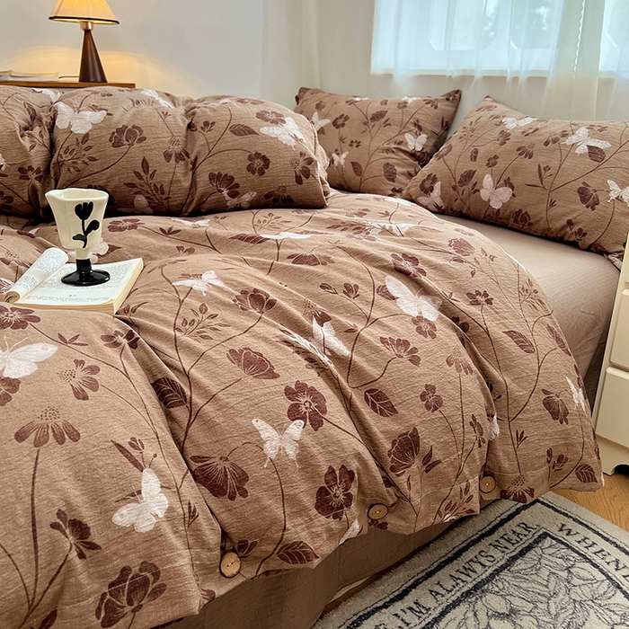 91家纺网 家纺一手货源 找家纺 优佳优品 2025秋冬新款A类高克重亚麻复古侘季风复麻系列四件套 蝶影繁华