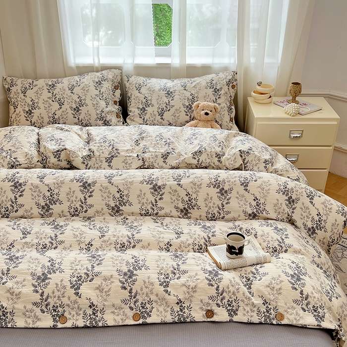 91家纺网 家纺一手货源 找家纺 优佳优品 2025秋冬新款A类高克重亚麻复古侘季风复麻系列四件套 浅枝墨语