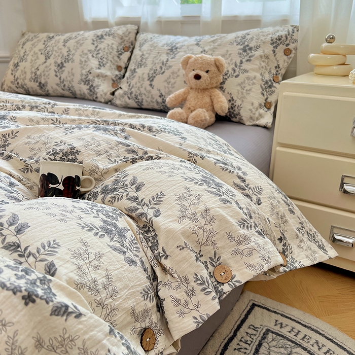 91家纺网 家纺一手货源 找家纺 优佳优品 2025秋冬新款A类高克重亚麻复古侘季风复麻系列四件套 浅枝墨语