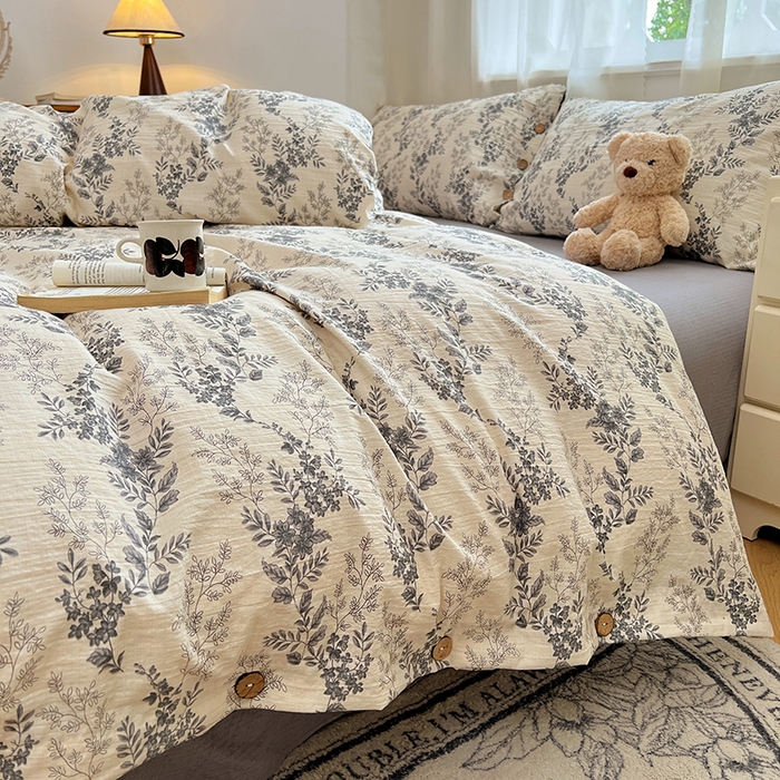 91家纺网 家纺一手货源 找家纺 优佳优品 2025秋冬新款A类高克重亚麻复古侘季风复麻系列四件套 浅枝墨语