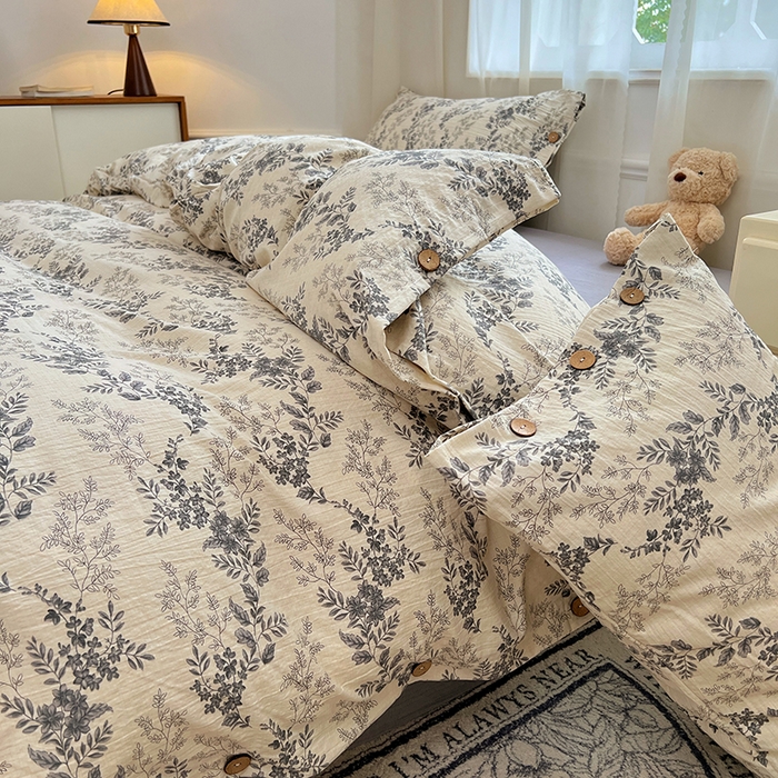 91家纺网 家纺一手货源 找家纺 优佳优品 2025秋冬新款A类高克重亚麻复古侘季风复麻系列四件套 浅枝墨语