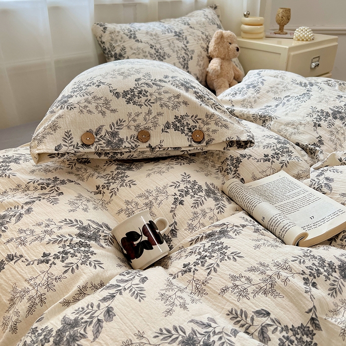 91家纺网 家纺一手货源 找家纺 优佳优品 2025秋冬新款A类高克重亚麻复古侘季风复麻系列四件套 浅枝墨语