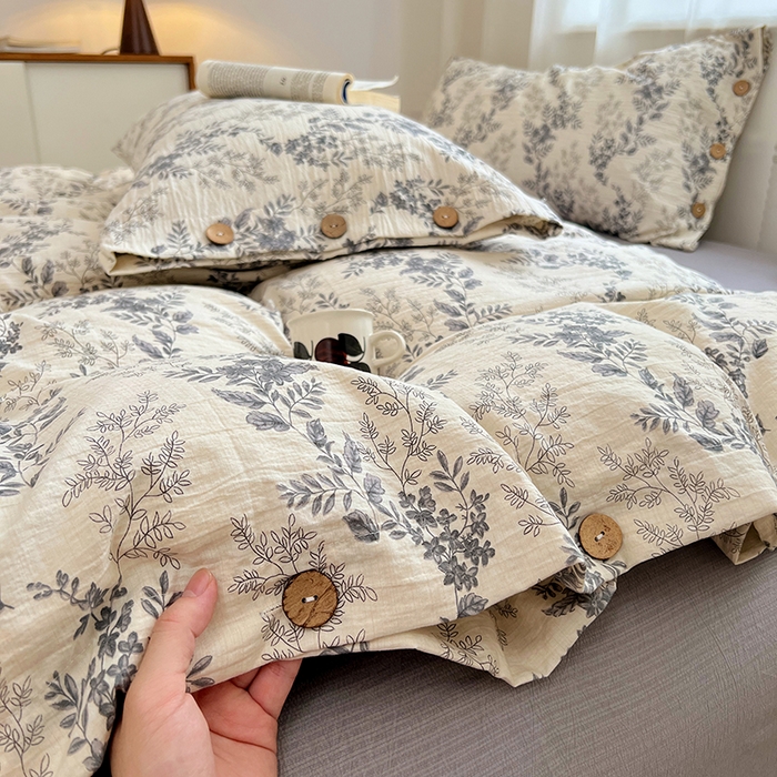 91家纺网 家纺一手货源 找家纺 优佳优品 2025秋冬新款A类高克重亚麻复古侘季风复麻系列四件套 浅枝墨语