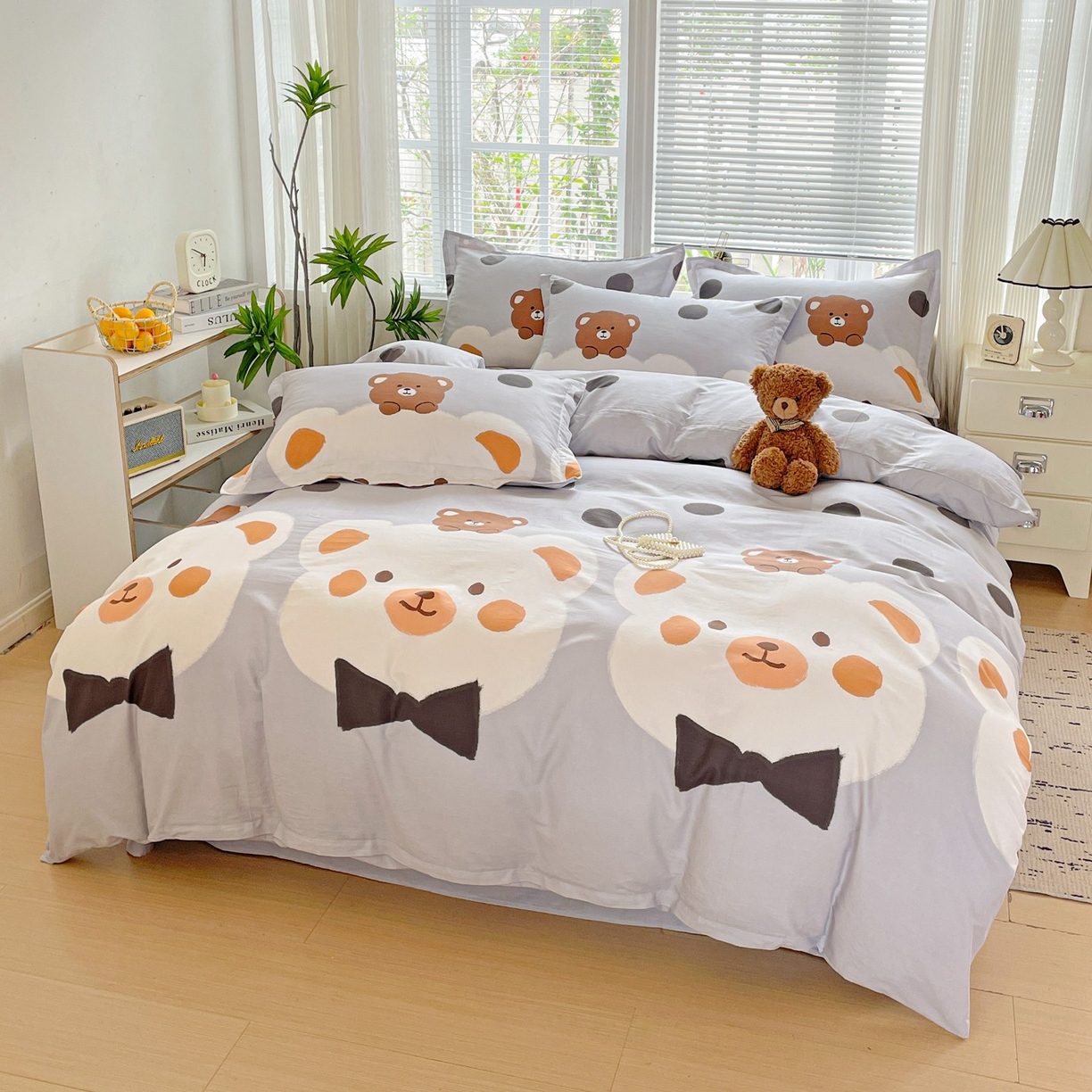 91家纺网 家纺一手货源 找家纺 文黛家居 2025新款全棉喷气印花全棉纯棉印花系列四件套 熊熊乐园-灰