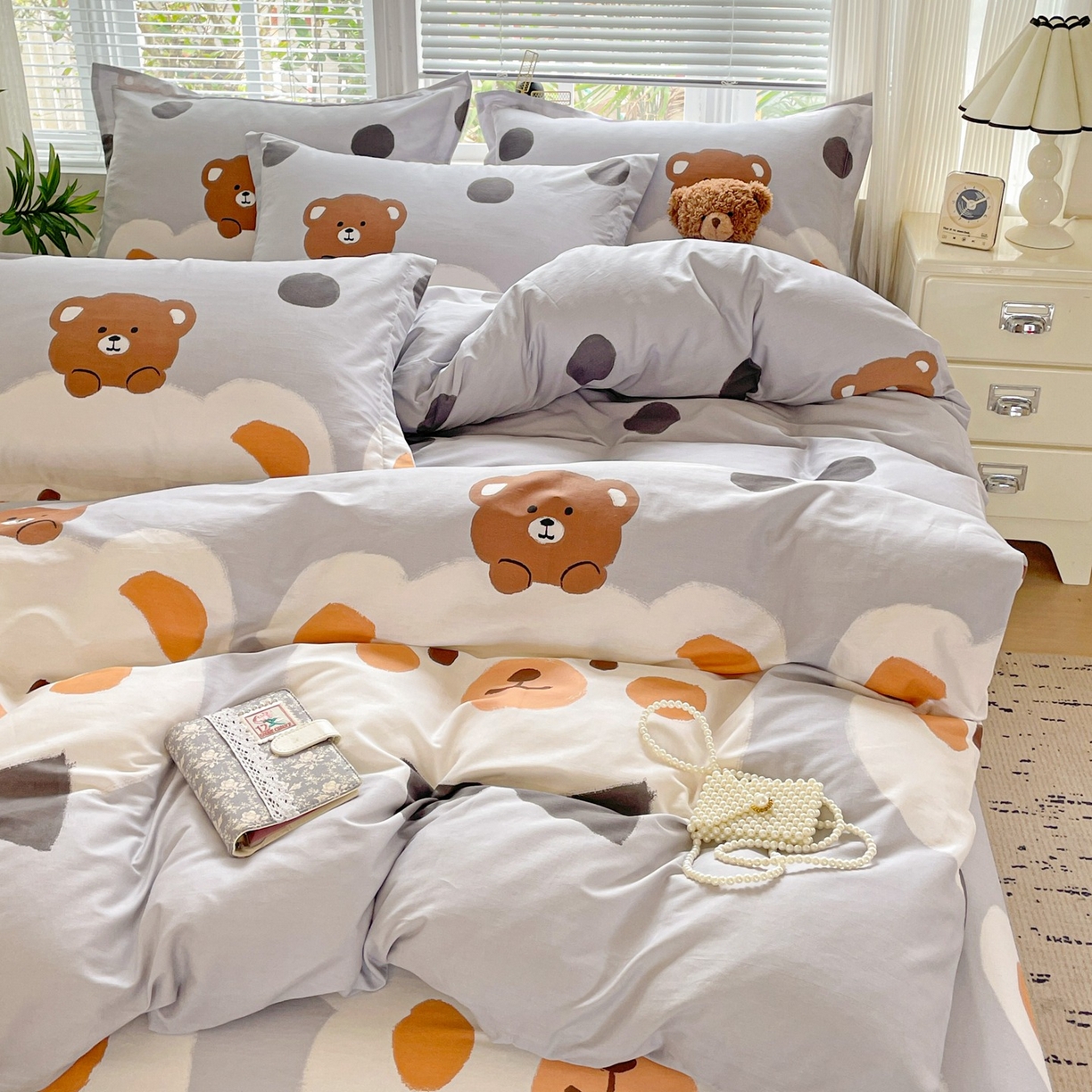 91家纺网 家纺一手货源 找家纺 文黛家居 2025新款全棉喷气印花全棉纯棉印花系列四件套 熊熊乐园-灰