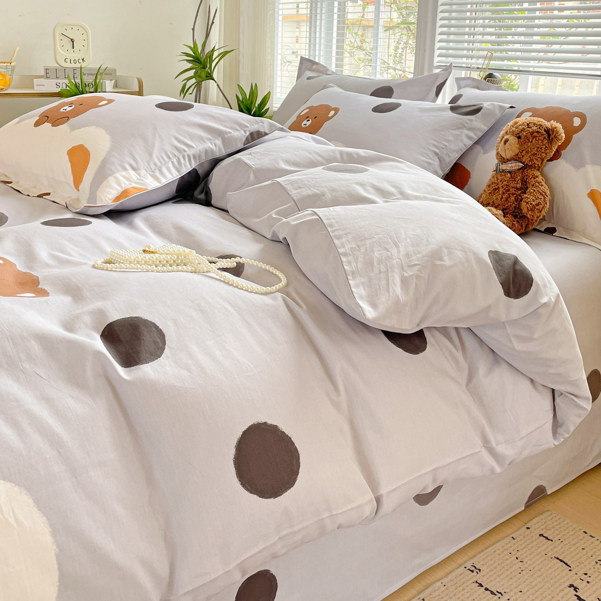 91家纺网 家纺一手货源 找家纺 文黛家居 2025新款全棉喷气印花全棉纯棉印花系列四件套 熊熊乐园-灰