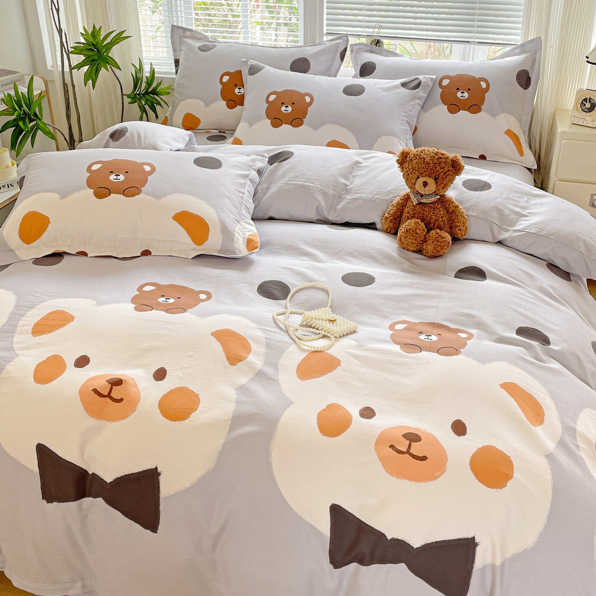 91家纺网 家纺一手货源 找家纺 文黛家居 2025新款全棉喷气印花全棉纯棉印花系列四件套 熊熊乐园-灰