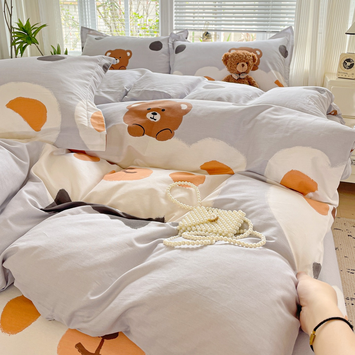 91家纺网 家纺一手货源 找家纺 文黛家居 2025新款全棉喷气印花全棉纯棉印花系列四件套 熊熊乐园-灰