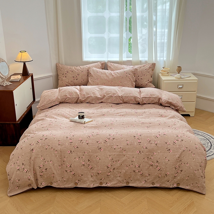 91家纺网 家纺一手货源 找家纺 优佳优品 2025秋冬新款A类高克重亚麻复古侘季风复麻系列四件套 柔粉蔓香