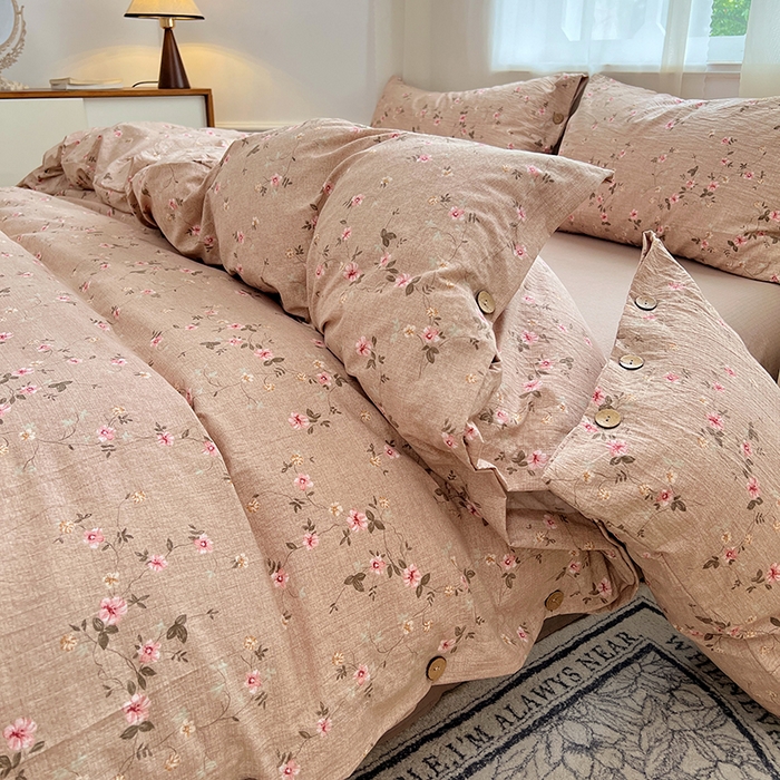 91家纺网 家纺一手货源 找家纺 优佳优品 2025秋冬新款A类高克重亚麻复古侘季风复麻系列四件套 柔粉蔓香