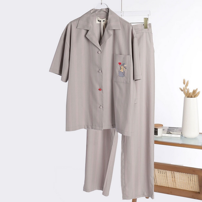 观月轩家纺 2025新款天丝棉短袖长裤套装-小兔有爱 小兔有爱-灰色