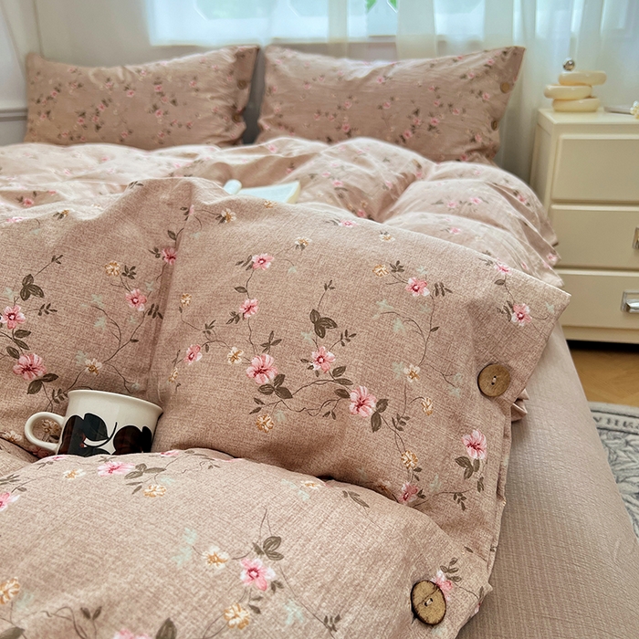 91家纺网 家纺一手货源 找家纺 优佳优品 2025秋冬新款A类高克重亚麻复古侘季风复麻系列四件套 柔粉蔓香