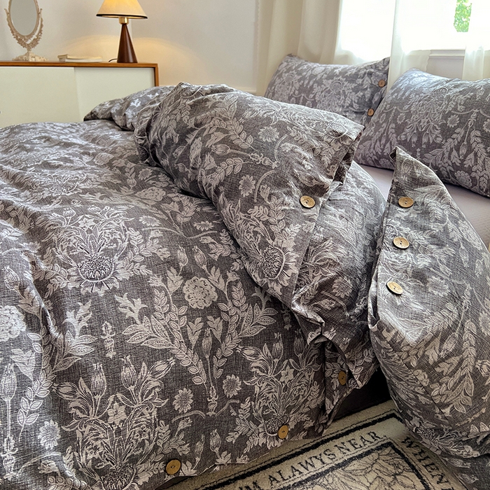 91家纺网 家纺一手货源 找家纺 优佳优品 2025秋冬新款A类高克重亚麻复古侘季风复麻系列四件套 霜华梦影