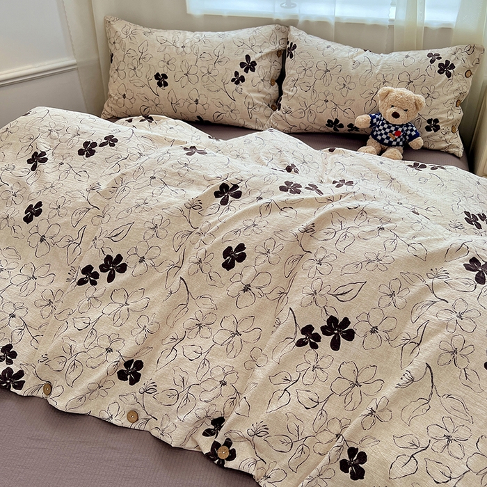 91家纺网 家纺一手货源 找家纺 优佳优品 2025秋冬新款A类高克重亚麻复古侘季风复麻系列四件套 素帛花影