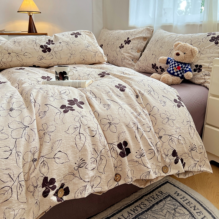 91家纺网 家纺一手货源 找家纺 优佳优品 2025秋冬新款A类高克重亚麻复古侘季风复麻系列四件套 素帛花影