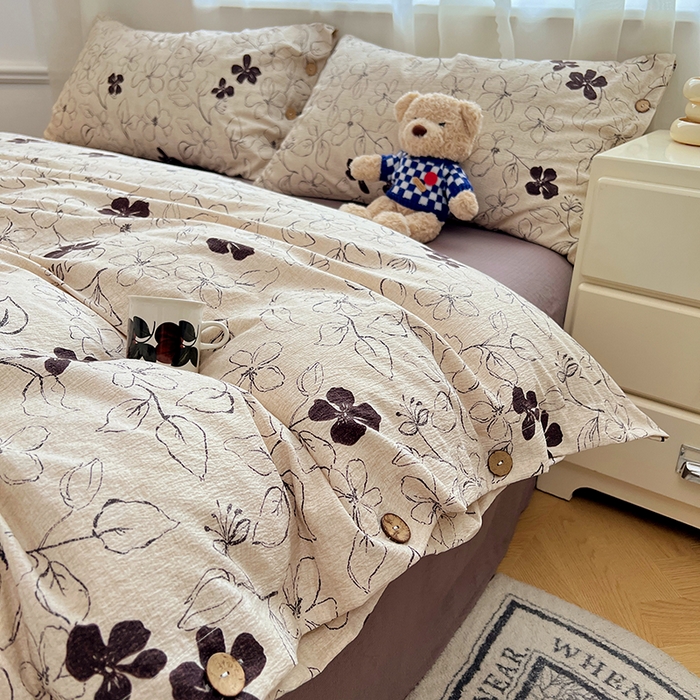 91家纺网 家纺一手货源 找家纺 优佳优品 2025秋冬新款A类高克重亚麻复古侘季风复麻系列四件套 素帛花影