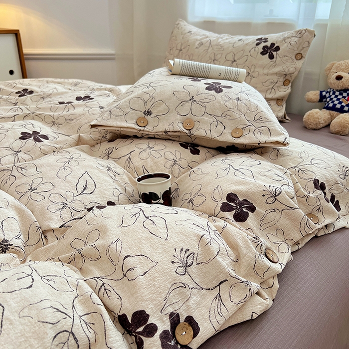 91家纺网 家纺一手货源 找家纺 优佳优品 2025秋冬新款A类高克重亚麻复古侘季风复麻系列四件套 素帛花影