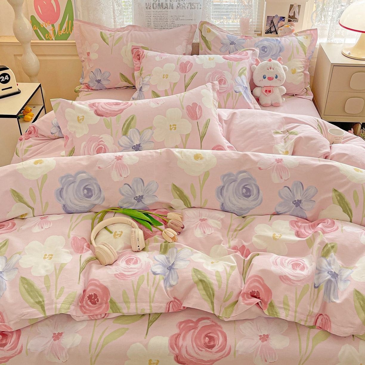 91家纺网 家纺一手货源 找家纺 文黛家居 2025新款全棉喷气印花全棉纯棉印花系列四件套 珍妮花园