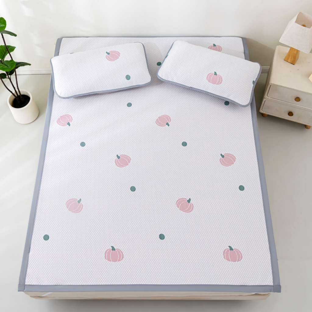 91家纺网 家纺一手货源 找家纺 观月轩家纺 2025新款亲肤舒适冰豆豆凉席席子三件套 南瓜粉