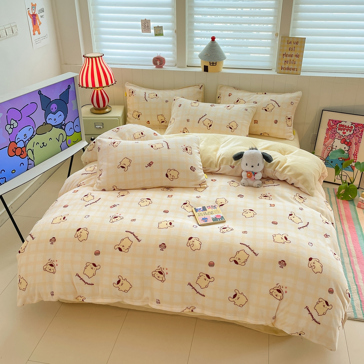 91家纺网 家纺一手货源 找家纺 桃子家居 2025新款A类正版三丽鸥授权卡通加厚高克重牛奶绒系列四件套 绒三丽鸥-黄油布丁狗