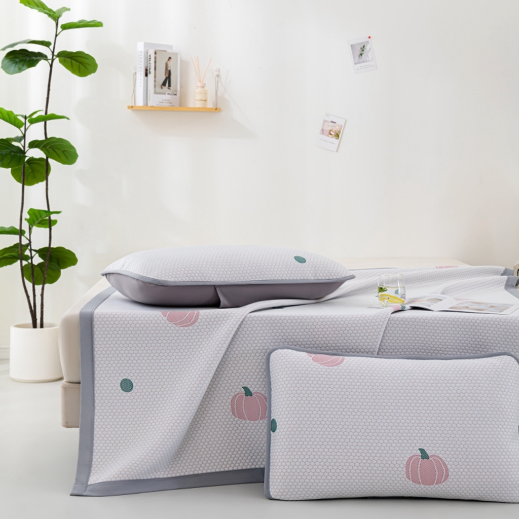 91家纺网 家纺一手货源 找家纺 观月轩家纺 2025新款亲肤舒适冰豆豆凉席席子三件套 南瓜粉