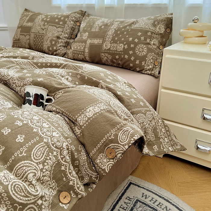 91家纺网 家纺一手货源 找家纺 优佳优品 2025秋冬新款A类高克重亚麻复古侘季风复麻系列四件套 腰果棕韵