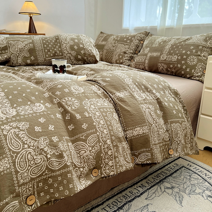 91家纺网 家纺一手货源 找家纺 优佳优品 2025秋冬新款A类高克重亚麻复古侘季风复麻系列四件套 腰果棕韵