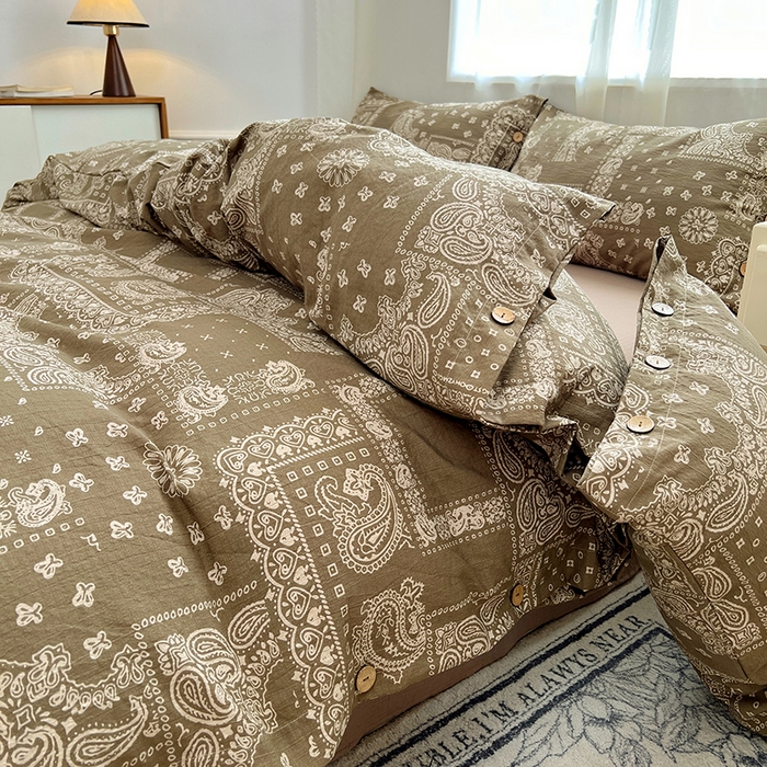 91家纺网 家纺一手货源 找家纺 优佳优品 2025秋冬新款A类高克重亚麻复古侘季风复麻系列四件套 腰果棕韵