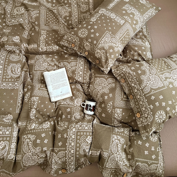 91家纺网 家纺一手货源 找家纺 优佳优品 2025秋冬新款A类高克重亚麻复古侘季风复麻系列四件套 腰果棕韵