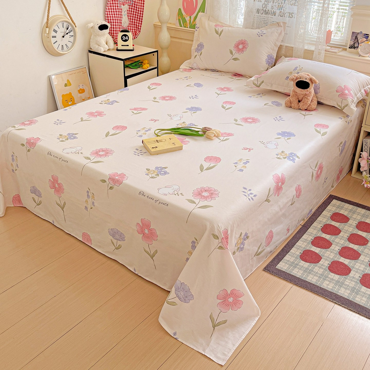 文黛家居 2025新款全棉喷气印花全棉纯棉印花系列单品床单床单单件单床单 花丛小兔