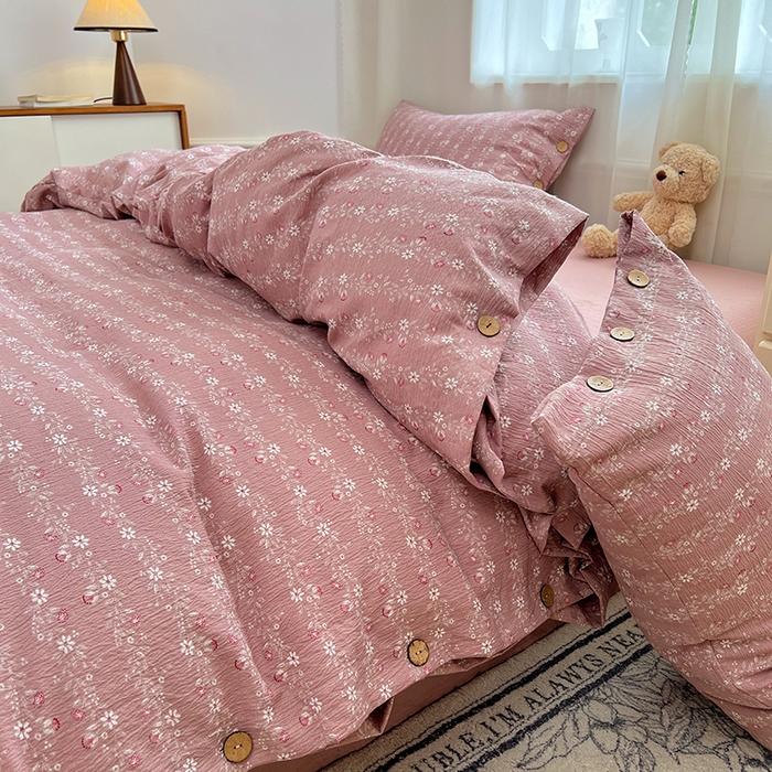 91家纺网 家纺一手货源 找家纺 优佳优品 2025秋冬新款A类高克重亚麻复古侘季风复麻系列四件套 紫菱粉蔓