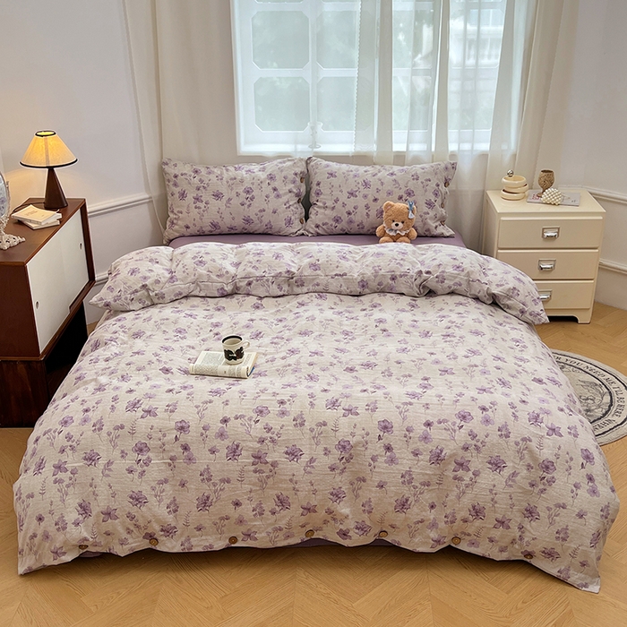 91家纺网 家纺一手货源 找家纺 优佳优品 2025秋冬新款A类高克重亚麻复古侘季风复麻系列四件套 紫菀