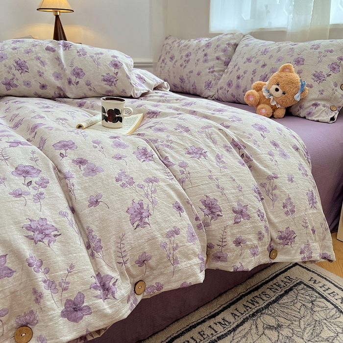 91家纺网 家纺一手货源 找家纺 优佳优品 2025秋冬新款A类高克重亚麻复古侘季风复麻系列四件套 紫菀