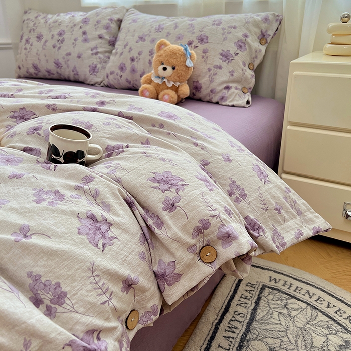 91家纺网 家纺一手货源 找家纺 优佳优品 2025秋冬新款A类高克重亚麻复古侘季风复麻系列四件套 紫菀