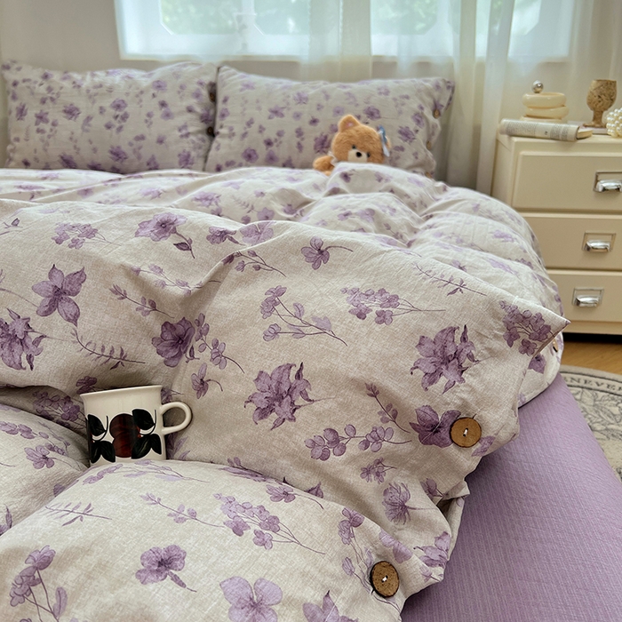 91家纺网 家纺一手货源 找家纺 优佳优品 2025秋冬新款A类高克重亚麻复古侘季风复麻系列四件套 紫菀