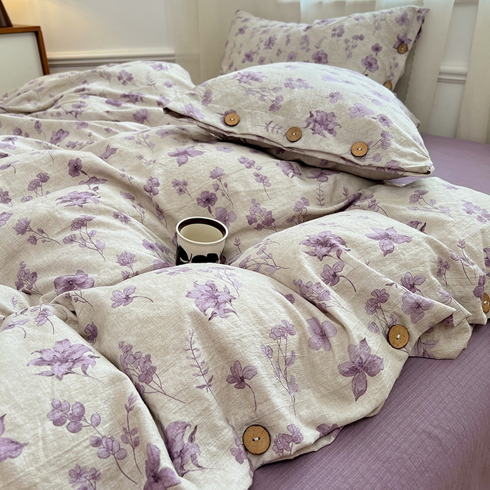 91家纺网 家纺一手货源 找家纺 优佳优品 2025秋冬新款A类高克重亚麻复古侘季风复麻系列四件套 紫菀