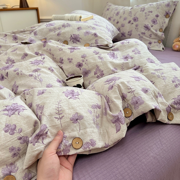 91家纺网 家纺一手货源 找家纺 优佳优品 2025秋冬新款A类高克重亚麻复古侘季风复麻系列四件套 紫菀