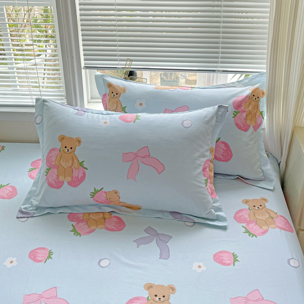 文黛家居 2025新款全棉喷气印花全棉纯棉印花系列单品枕套枕套单件单枕套 草莓熊-蓝