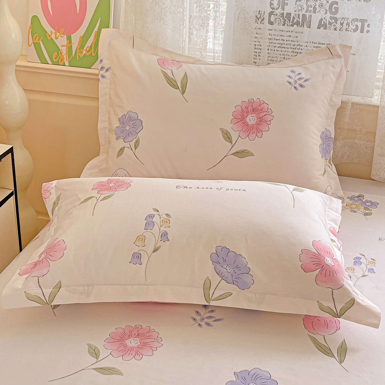 文黛家居 2025新款全棉喷气印花全棉纯棉印花系列单品枕套枕套单件单枕套 花丛小兔