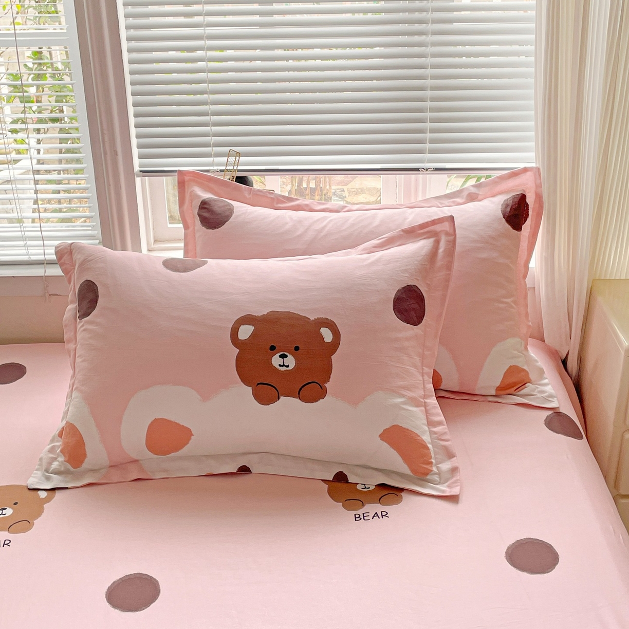 文黛家居 2025新款全棉喷气印花全棉纯棉印花系列单品枕套枕套单件单枕套 熊熊乐园-粉