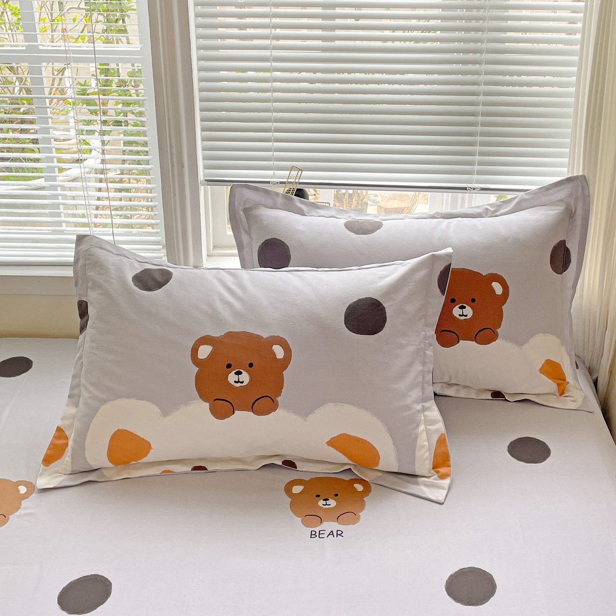 文黛家居 2025新款全棉喷气印花全棉纯棉印花系列单品枕套枕套单件单枕套 熊熊乐园-灰