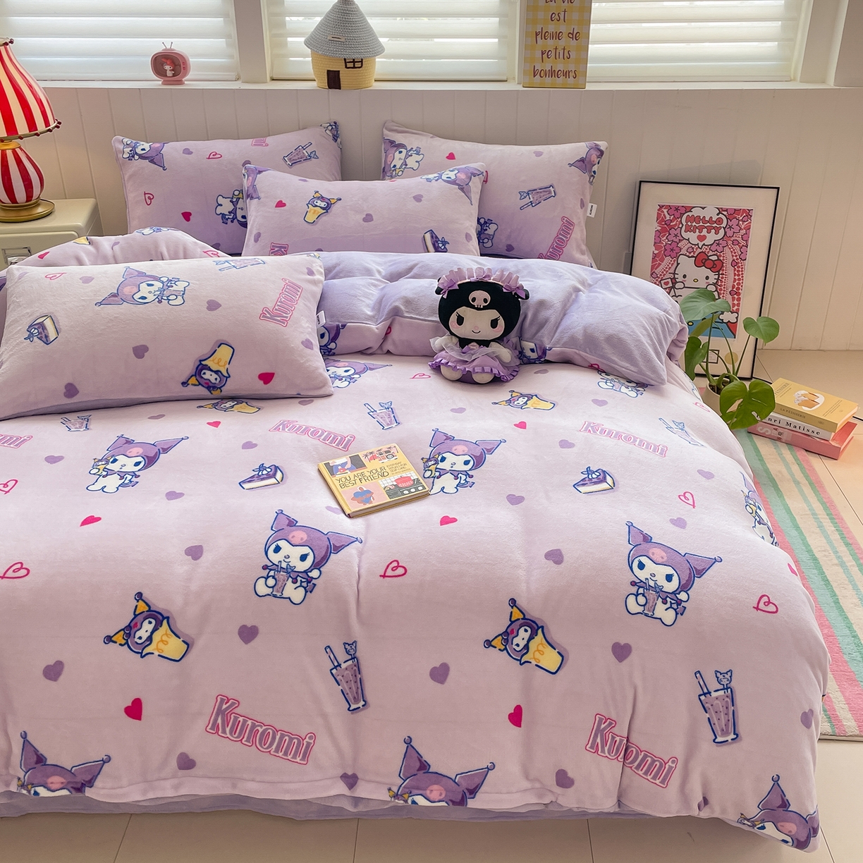 91家纺网 家纺一手货源 找家纺 桃子家居 2025新款A类正版三丽鸥授权卡通加厚高克重牛奶绒系列四件套 绒三丽鸥-奶茶库洛米