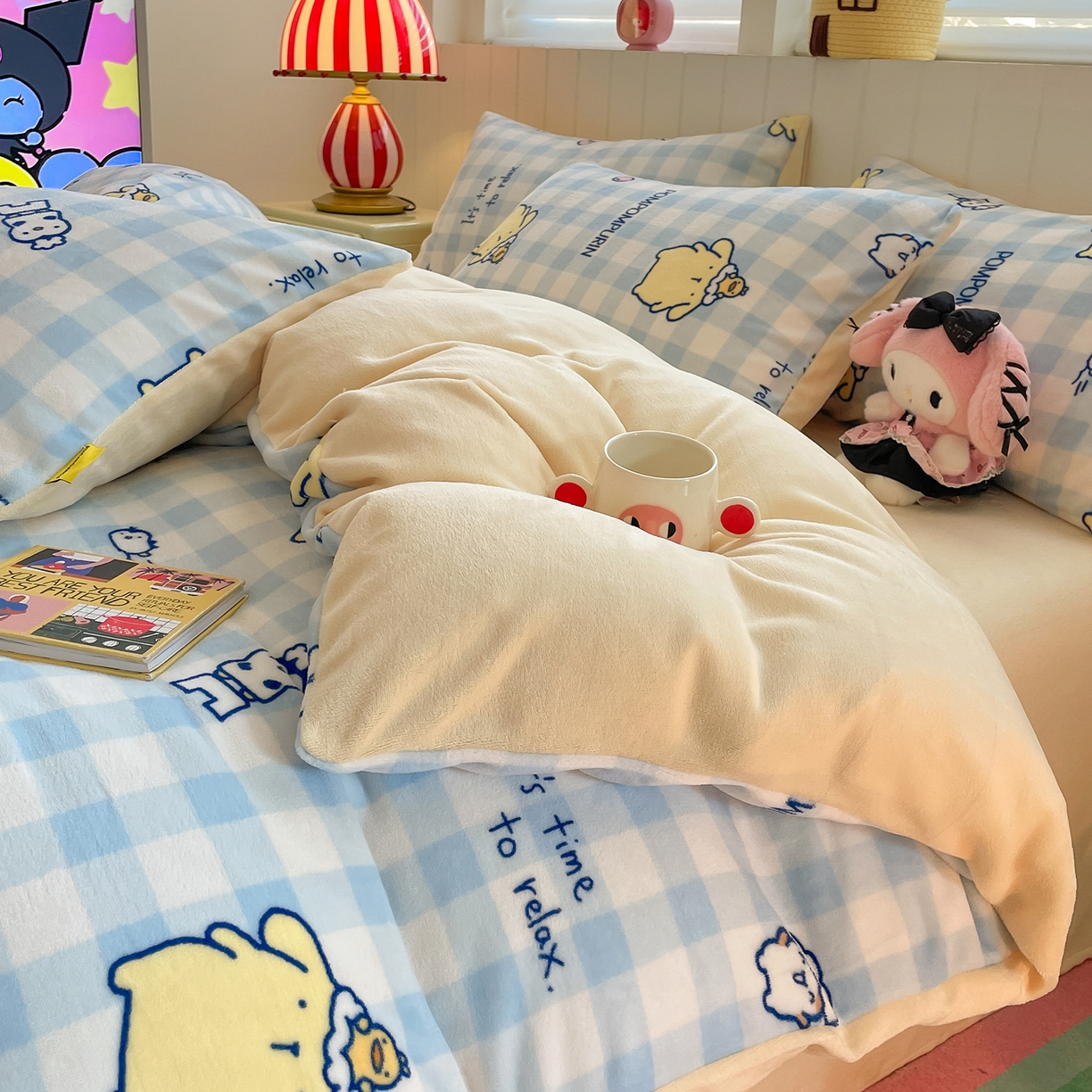 91家纺网 家纺一手货源 找家纺 桃子家居 2025新款A类正版三丽鸥授权卡通加厚高克重牛奶绒系列四件套 绒三丽鸥-清新布丁狗