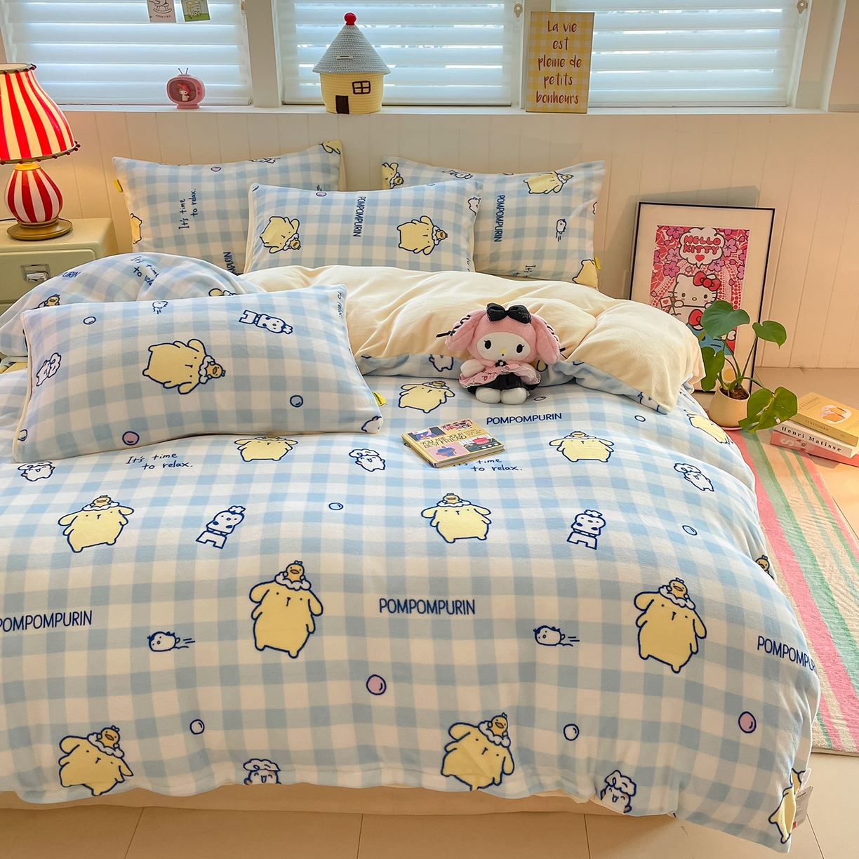 91家纺网 家纺一手货源 找家纺 桃子家居 2025新款A类正版三丽鸥授权卡通加厚高克重牛奶绒系列四件套 绒三丽鸥-清新布丁狗