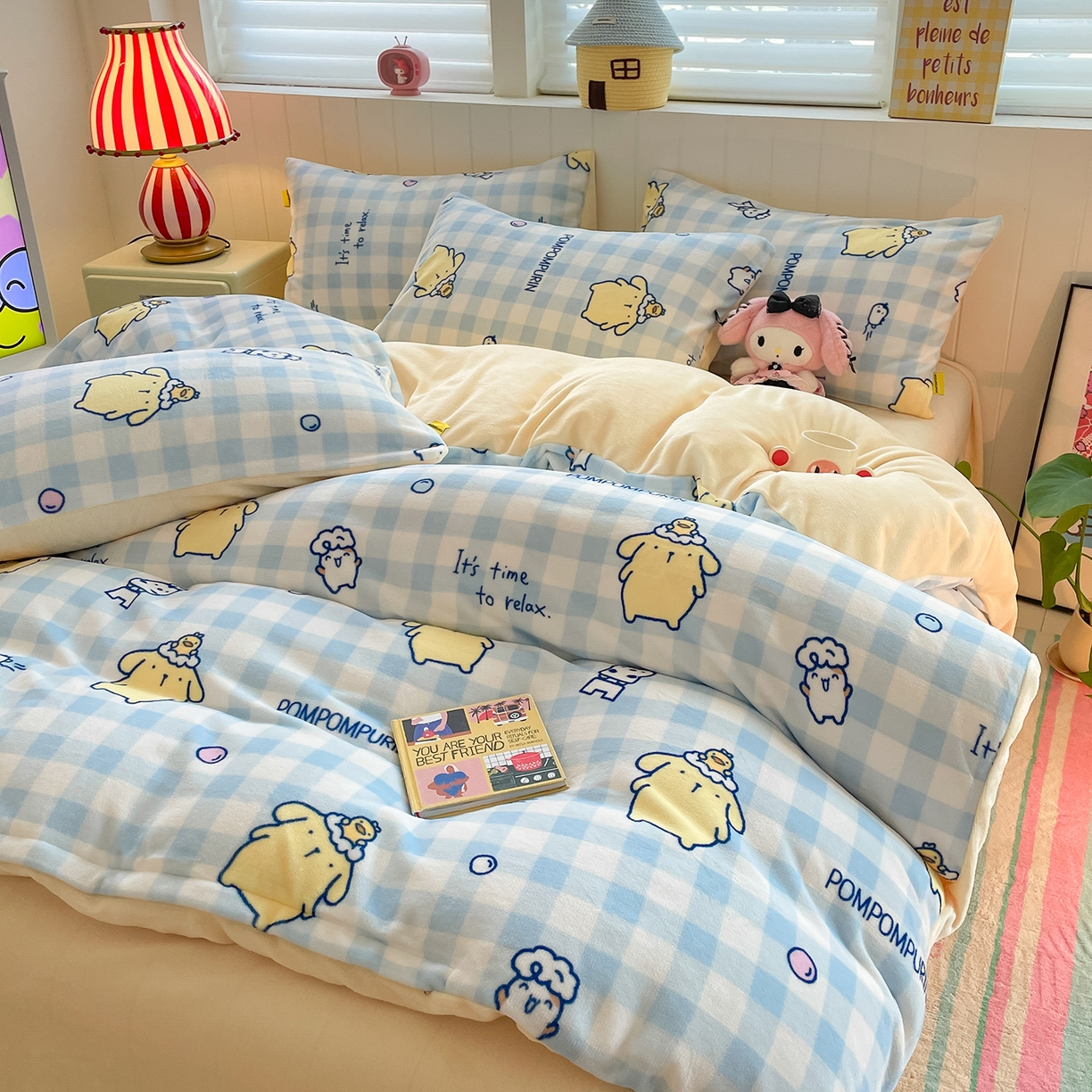 91家纺网 家纺一手货源 找家纺 桃子家居 2025新款A类正版三丽鸥授权卡通加厚高克重牛奶绒系列四件套 绒三丽鸥-清新布丁狗