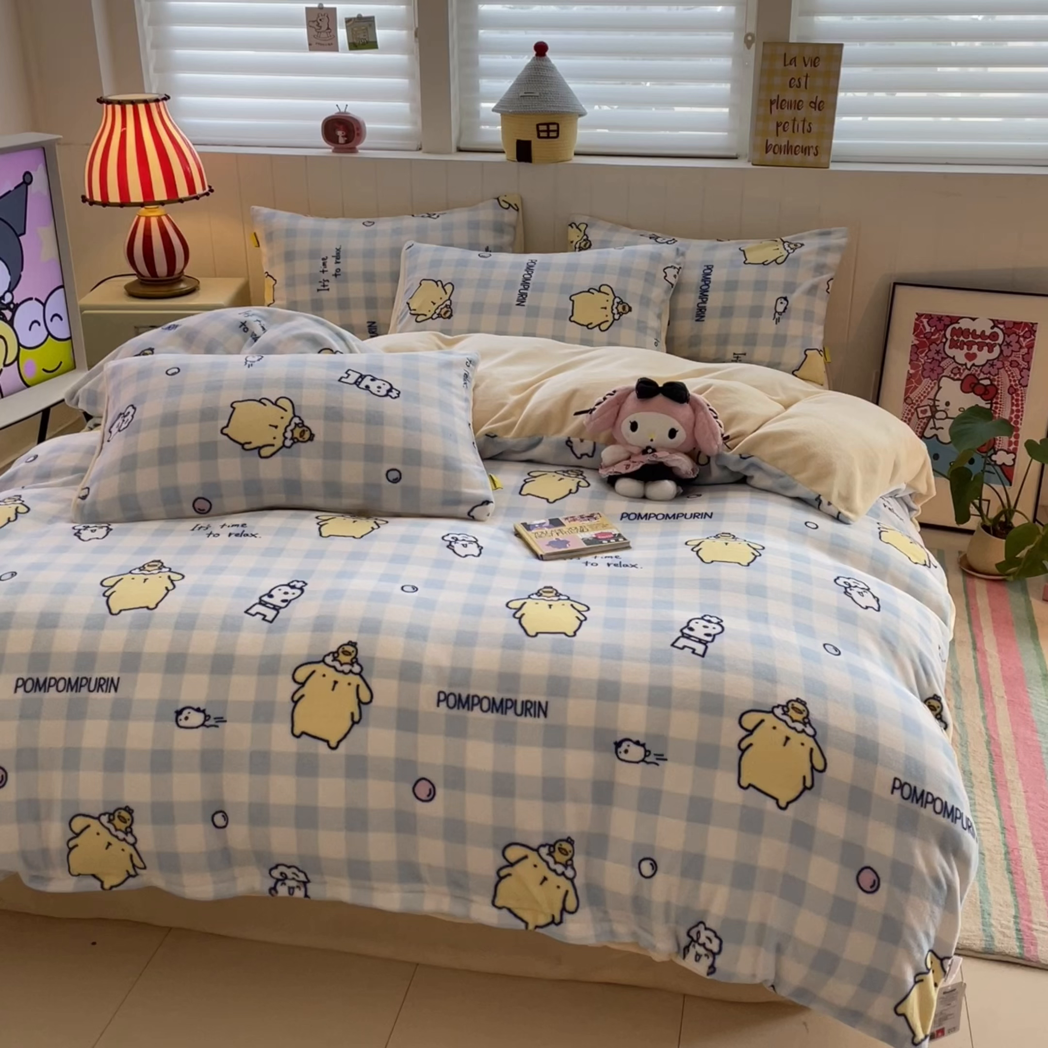 91家纺网 家纺一手货源 找家纺 桃子家居 2025新款A类正版三丽鸥授权卡通加厚高克重牛奶绒系列四件套 绒三丽鸥-清新布丁狗