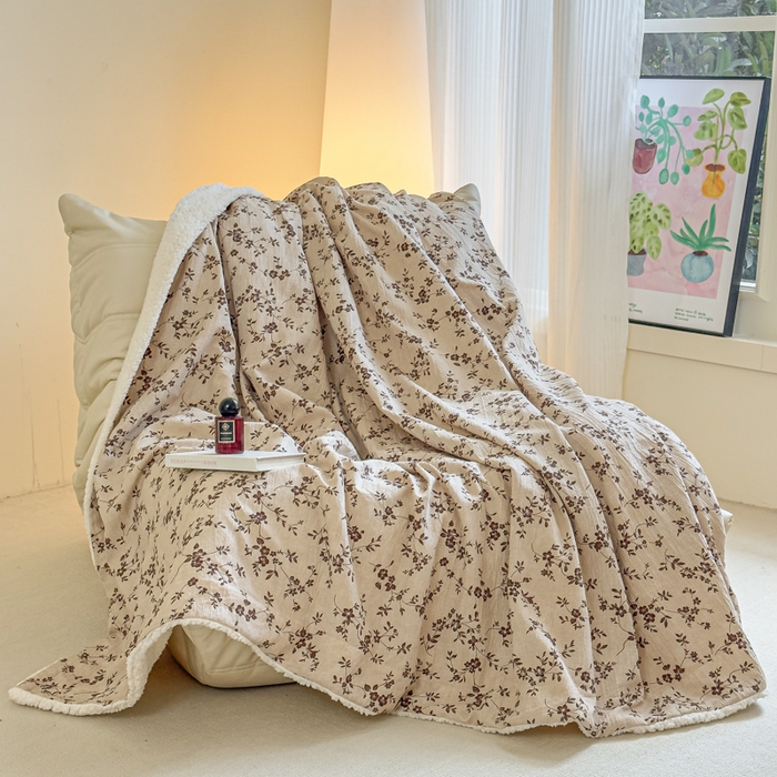 91家纺网 家纺一手货源 找家纺 布柔 2025新款原麻皱皱纱羊羔绒双层毛毯多功能盖毯午睡沙发毯子 秋序盖毯