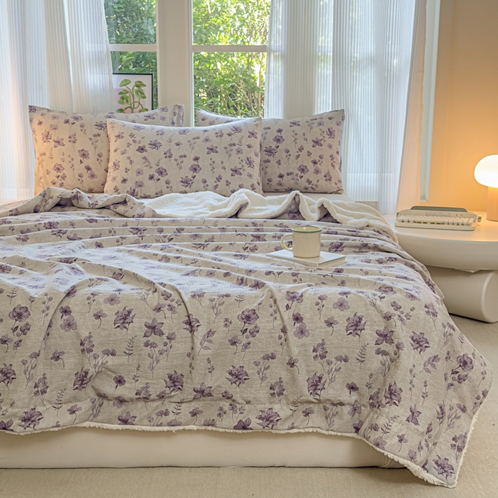 91家纺网 家纺一手货源 找家纺 布柔 2025新款原麻皱皱纱羊羔绒双层毛毯多功能盖毯午睡沙发毯子 暗香盖毯