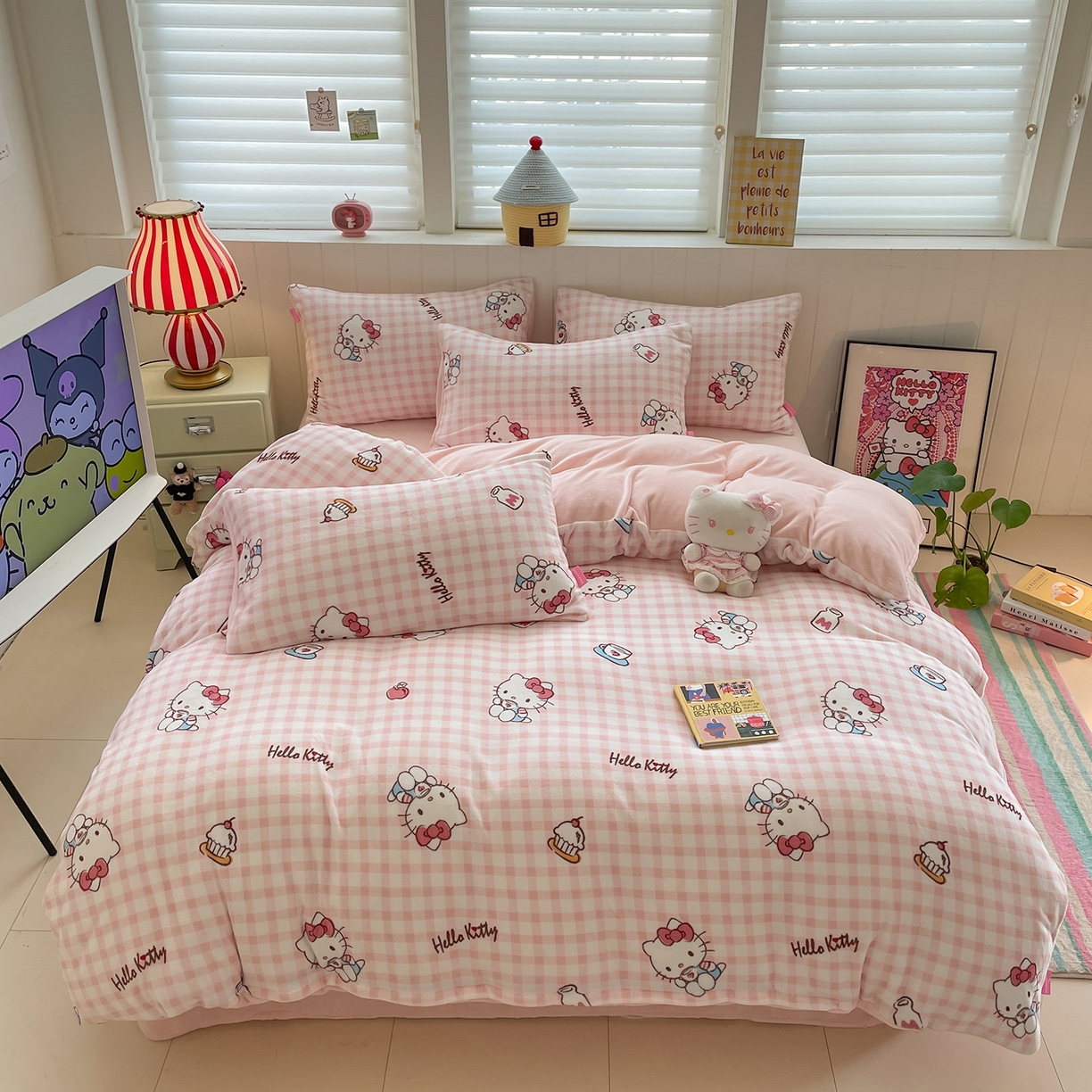 桃子家居 2025新款A类正版三丽鸥授权卡通加厚高克重牛奶绒系列四件套 绒三丽鸥-甜心kitty粉