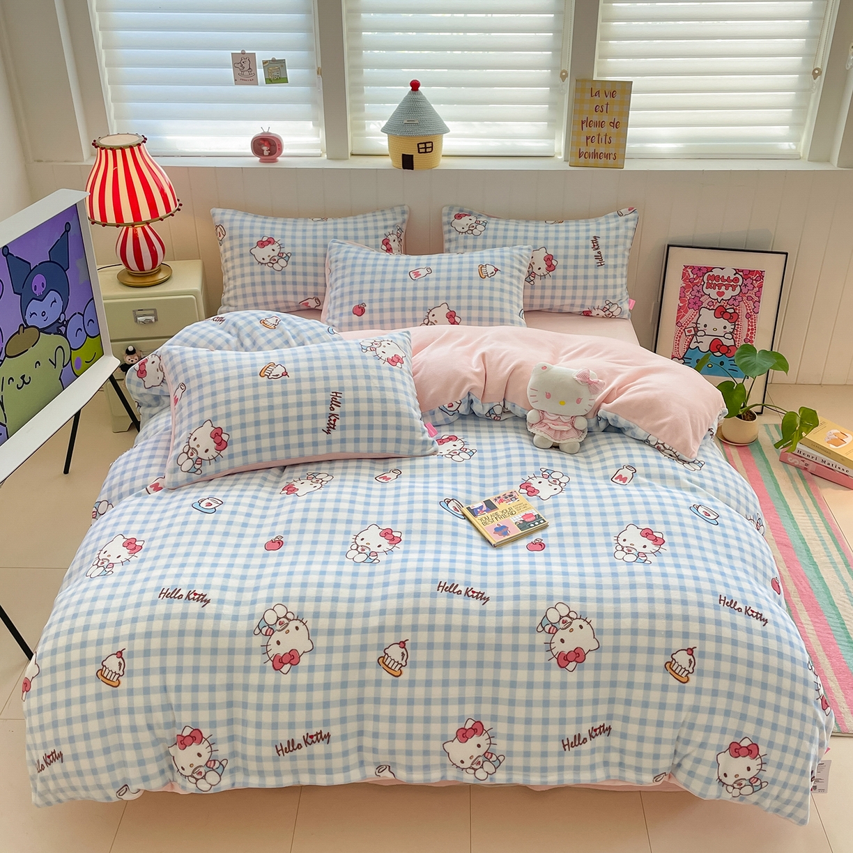 桃子家居 2025新款A类正版三丽鸥授权卡通加厚高克重牛奶绒系列四件套 绒三丽鸥-甜心kitty蓝